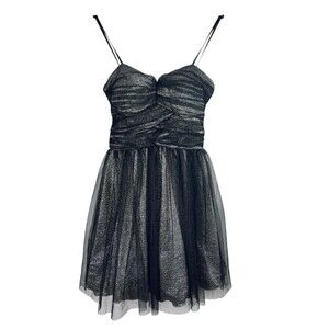 dELiA*s 3/4 Black Glitter Tulle Babydoll Party Dress Ruched Bust Y2K Formal Goth